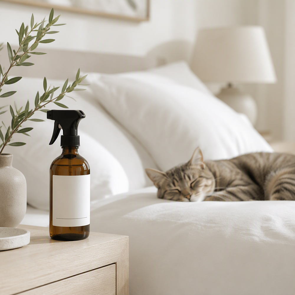 Non toxic room spray on a bedside table with a sleeping cat for a safe bedroom environment.